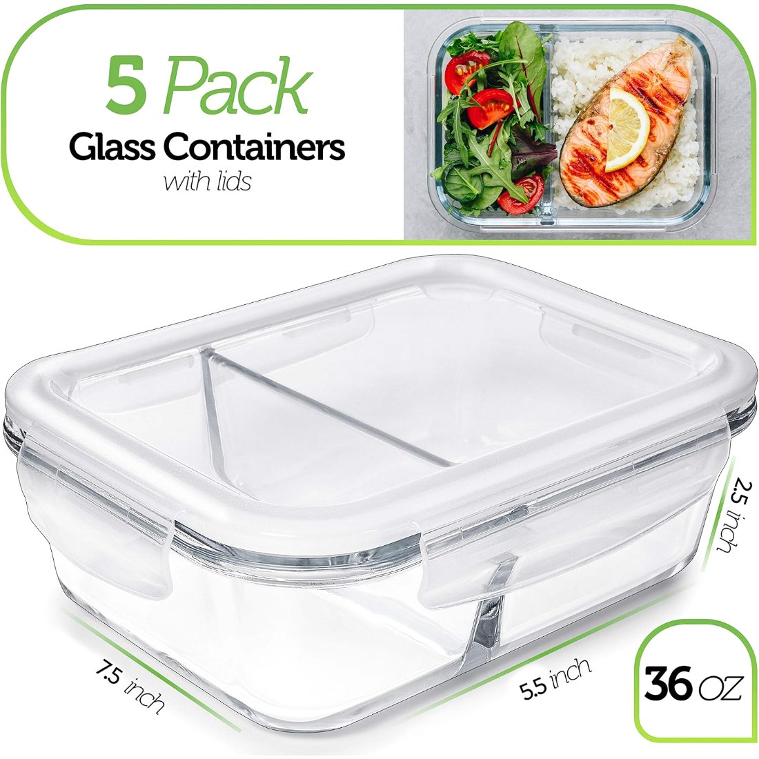 36 oz Divided Glass 5 Pack with 50 Plastic Boxes, view 5