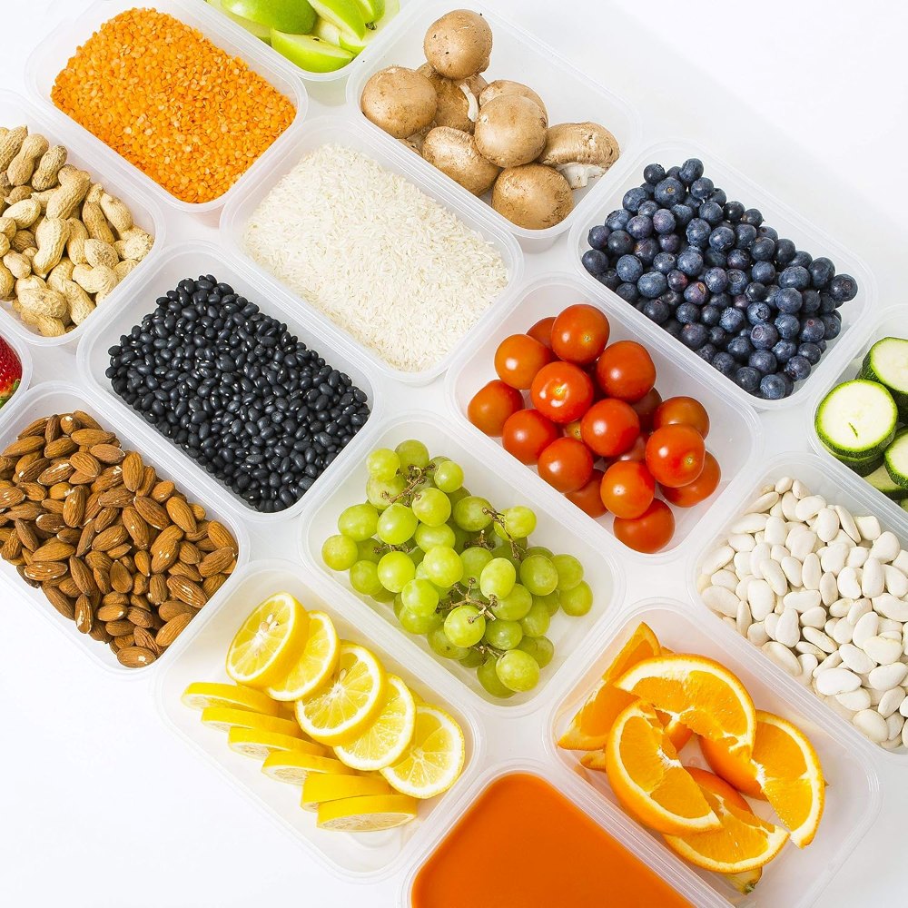 A grid of containers filled with prepared ingredients